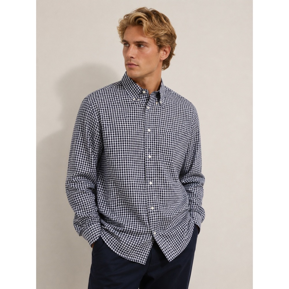 Jos. A. Bank Executive Collection Mens XXL Navy Blue Gingham Cotton Button Shirt